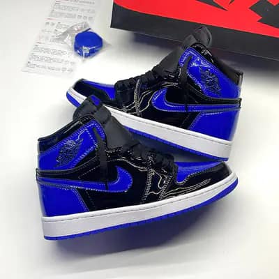 نایک ایر جردن وان ساقدار ورنی پتنت رویال آبی مشکی NIKE AIR JORDAN 1 RETRO HIGH OG PATENT ROYAL