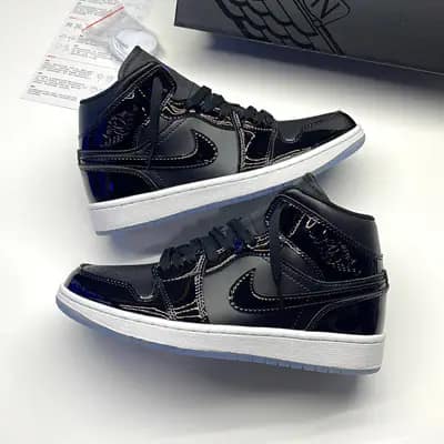 نایک ایر جردن وان ساقدار ورنی اسپیس جم مشکی سفید NIKE AIR JORDAN 1 MID SPACE JAM BLACK